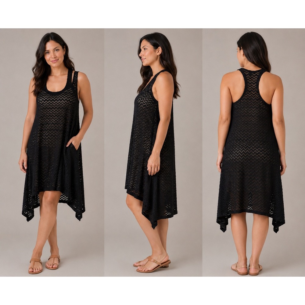 J Valdi Black Chevron‎ Mesh Swim Cover Up Dress Racerback Womens Large 13156